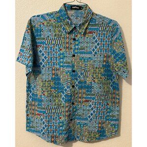 Vatpave Mens M Blue Aztec Short-Sleeve Button-Up Shirt Geometric Print